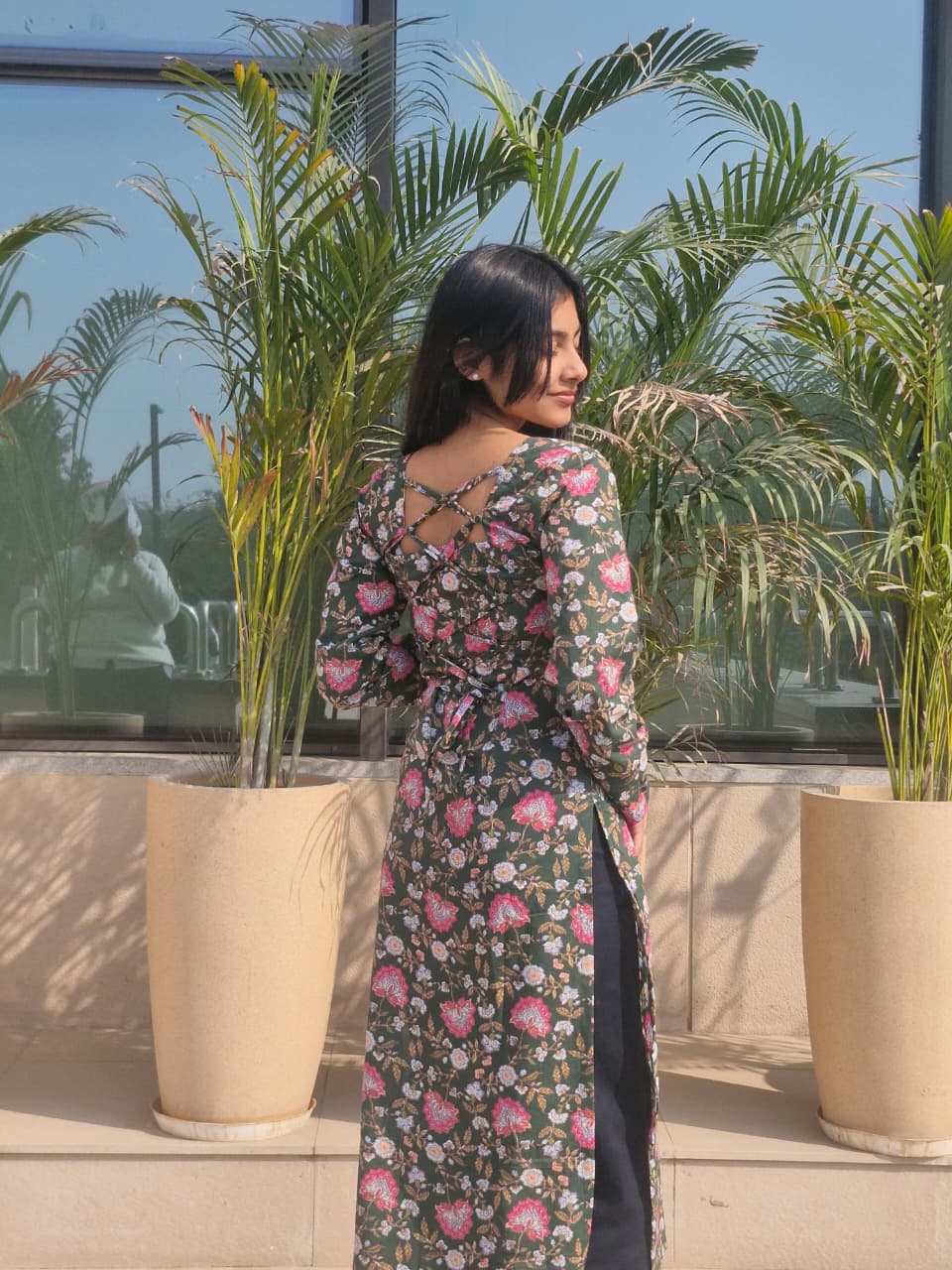 Green Floral Print Cotton Long Kurti with Square Neck & Corset Back