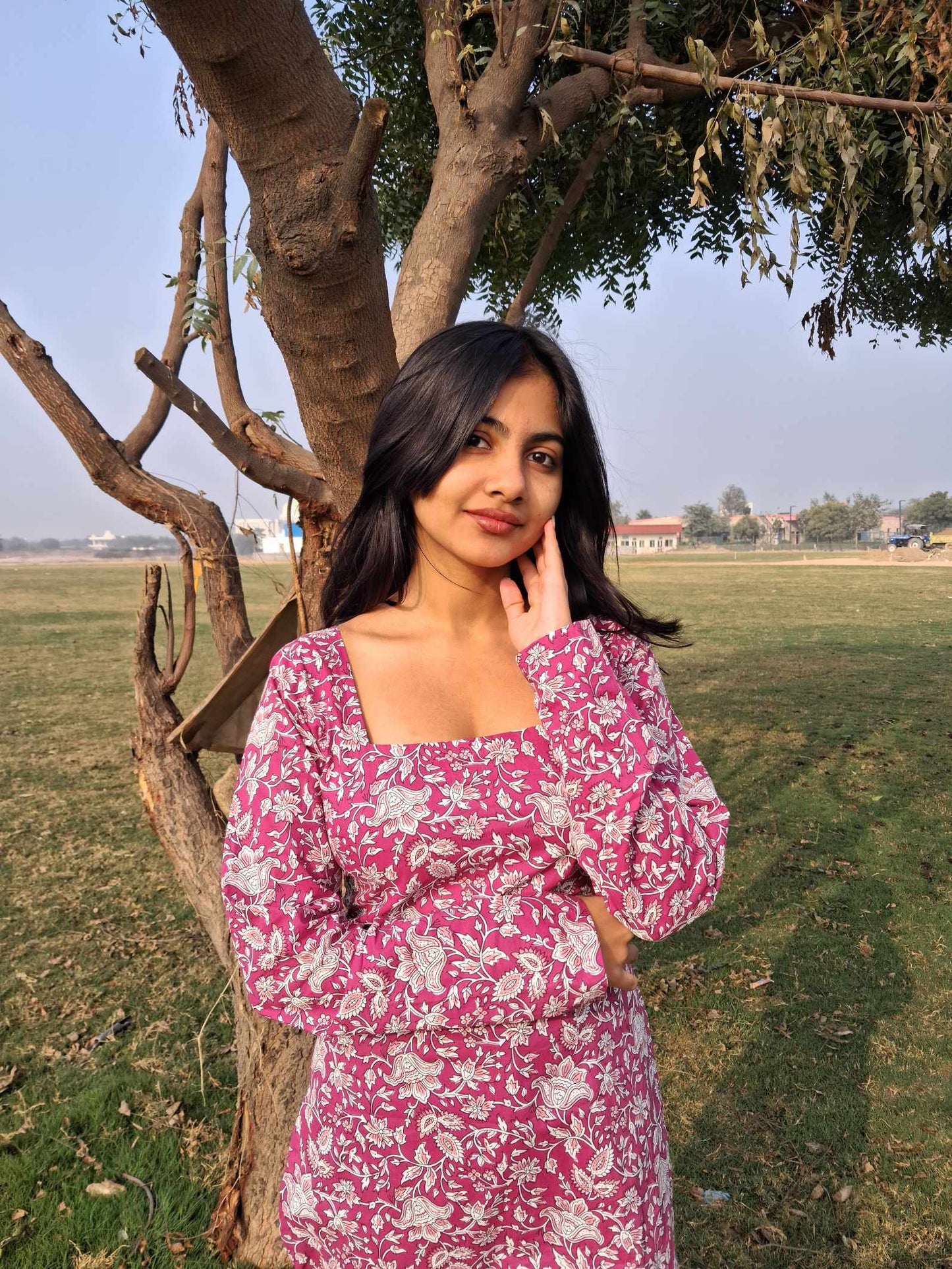 Women Cotton Printed Long Kurti with Square Neck, Full Sleeves & Corset Lace-Up Back