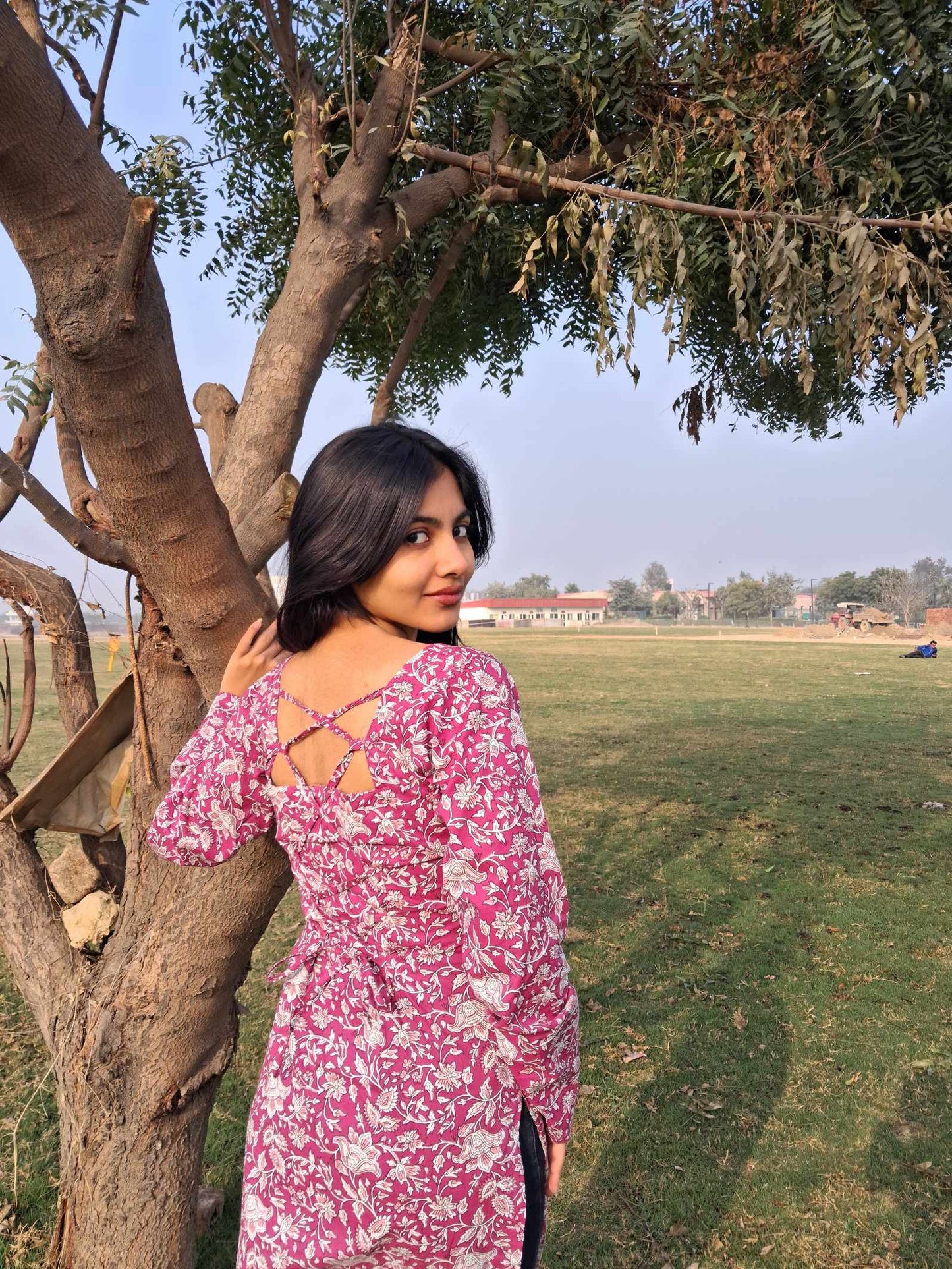 Women Cotton Printed Long Kurti with Square Neck, Full Sleeves & Corset Lace-Up Back